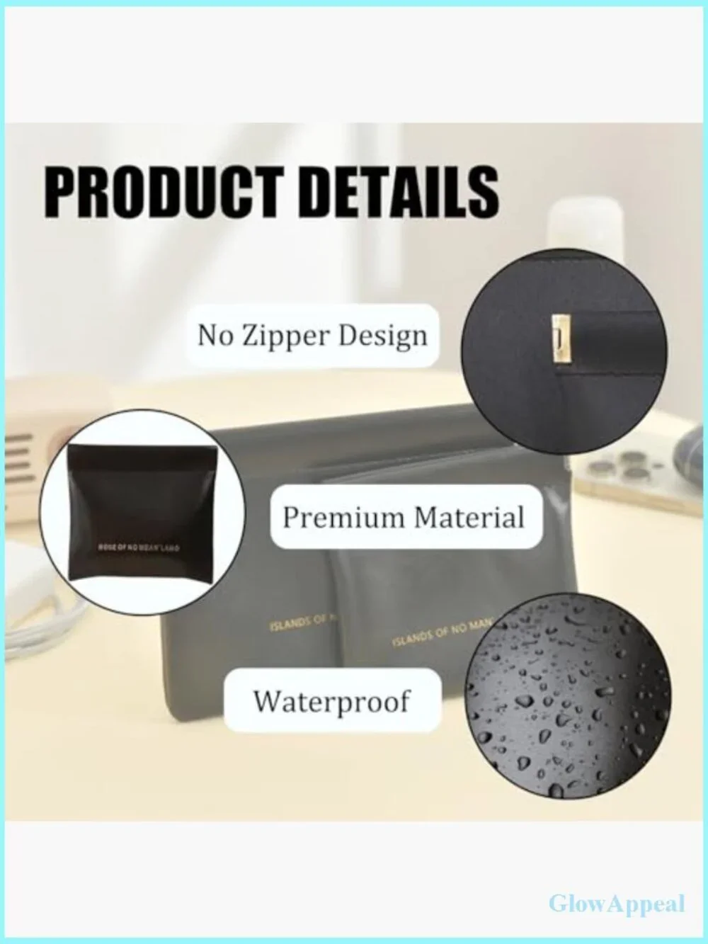 3-Piece Waterproof PU Leather Cosmetic Case Set, No-Zipper Lipstick Bag Travel